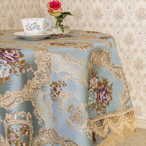 テーブルクロス おしゃれ 青 ブルー 正方形 4人掛け 130×130 高級感 布 花柄 バラ フランスアンティーク風 – Woburn Abbey