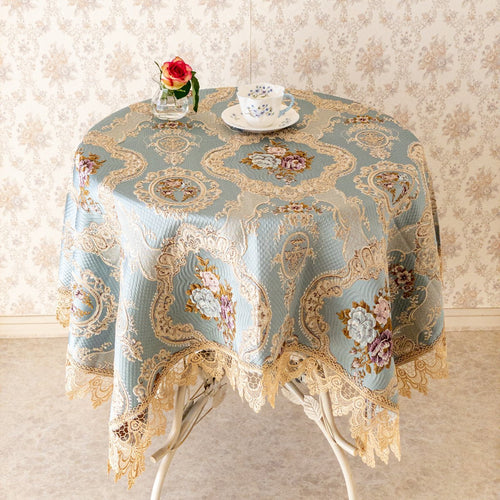 テーブルクロス おしゃれ 青 ブルー 正方形 4人掛け 130×130 高級感 布 花柄 バラ フランスアンティーク風