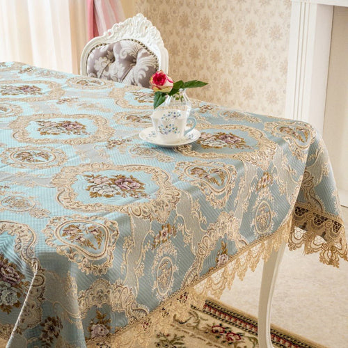 テーブルクロス おしゃれ 青 ブルー 長方形 4人掛け 130×180 布 花柄 バラ 高級感 フランスアンティーク風