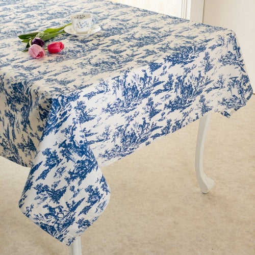 テーブルクロス おしゃれ 青 ブルー 長方形 4人掛け 140×180 綿 麻 布 アンティーク風 トワルドジュイ