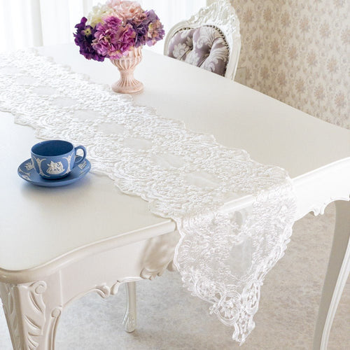 テーブルランナー おしゃれ 白 レース 編み ホワイト 30×180 布 花柄 刺繍 センター フランスアンティーク風