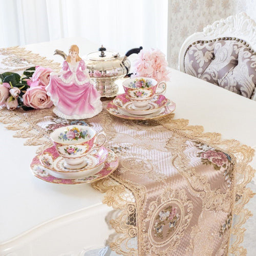 テーブルランナー おしゃれ ピンク 40×220 布 レース 花柄 バラ 刺繍 
