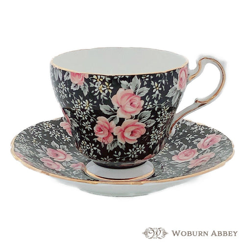 美品 アンティーク イギリス製 食器 パラゴン ティーカップ＆ソーサー 黒 ブラック 花柄 バラ ピンク コーヒー おしゃれ