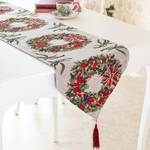 テーブルランナー クリスマス おしゃれ タッセル付き リース柄 35×180 布 センター 飾り 装飾 北欧 モダン