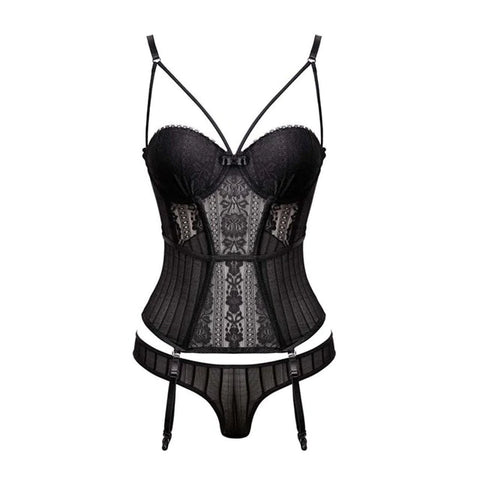 Eyelash Sheer Lace Corset + Panties Set