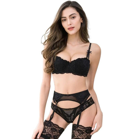 Comfortable Lace Half Cup Bra with Push Up & 4Pcs Set