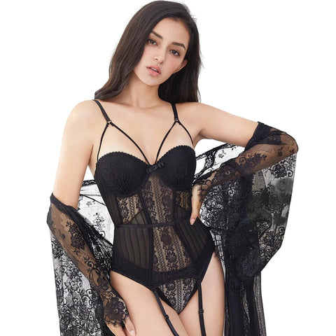 EYELASH SHEER LACE CORSET + PANTIES SET