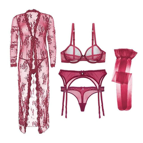 Ultra Thin See-Through 3/4 Cup Bra with Matching Thong, Garter, Stockings, and Sheer Nightgown
