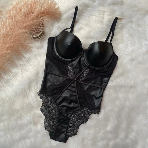 Sensual Style PU Leather and Lace Bodysuit