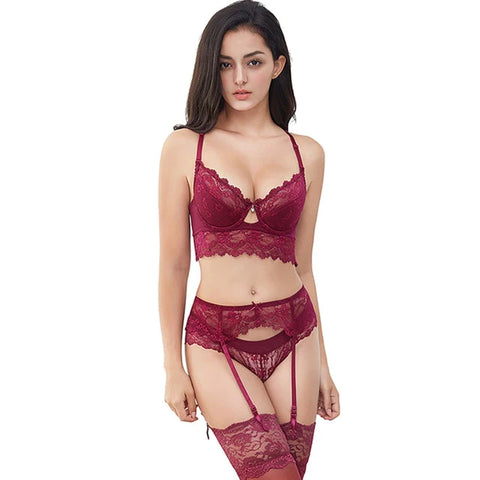 Lacy Lingerie 6 Pc Set with Y - Line Straps + Brassiere + Panties + Garters + Stockings