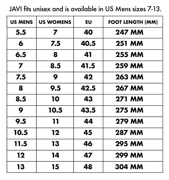 JAVI USA | Footwear Size Chart | US Mens Sizes | US Womens Sizes | European Sizes