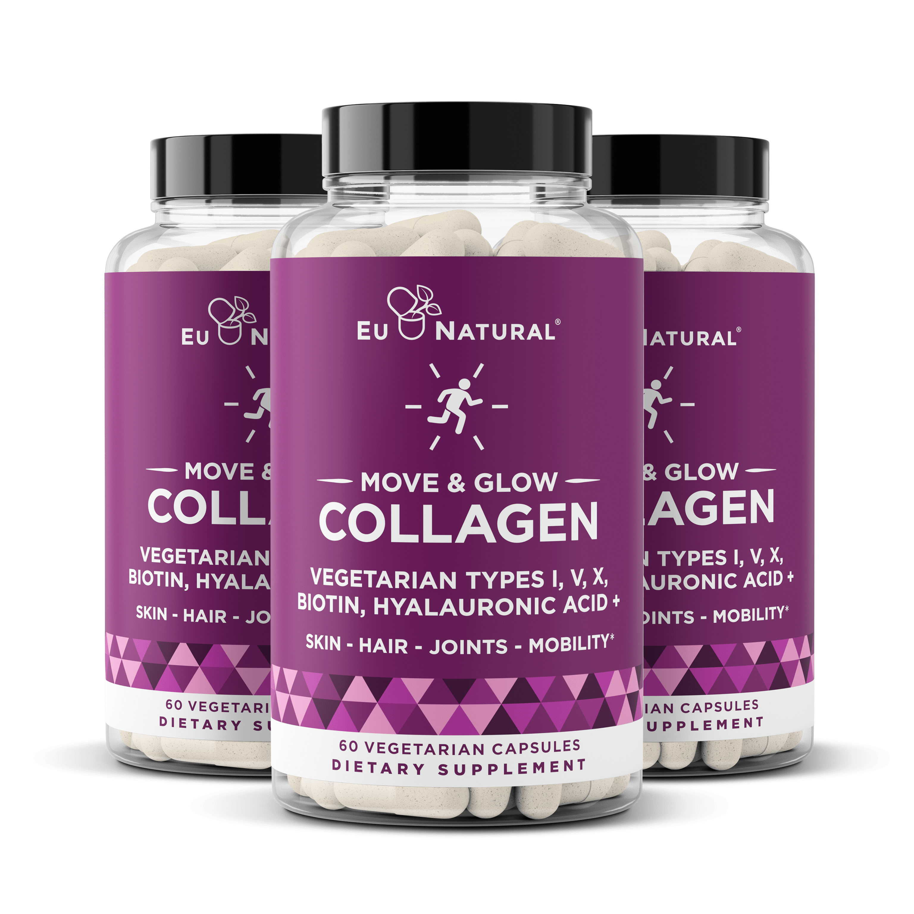 Bottles of Eu Natural Move & Glow Collagen vegetarian capsules.