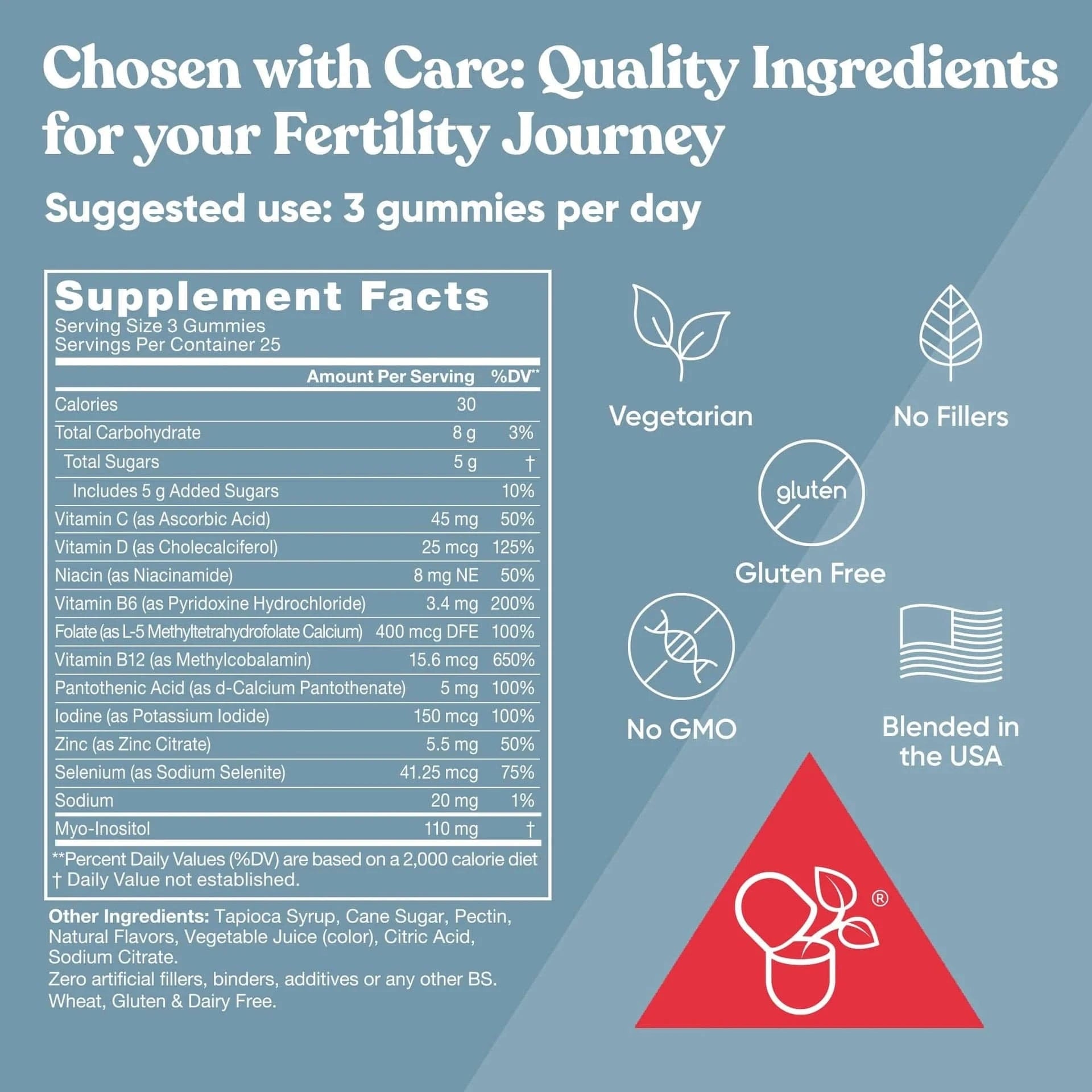 Supplement facts for fertility gummies: vegetarian, gluten-free, no fillers, no GMO, blended in the USA.