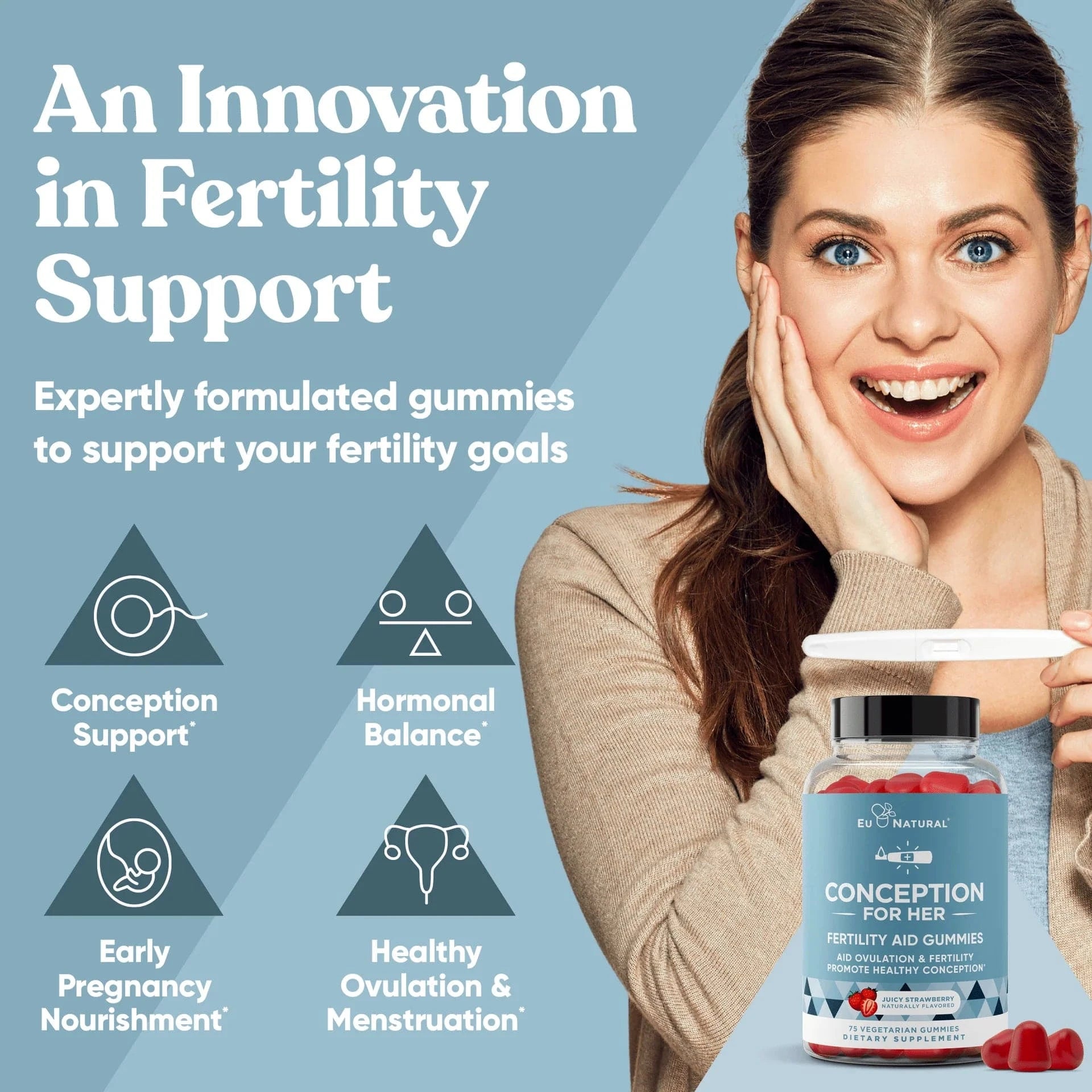 Woman holding a pregnancy test next to a bottle of fertility support gummies.