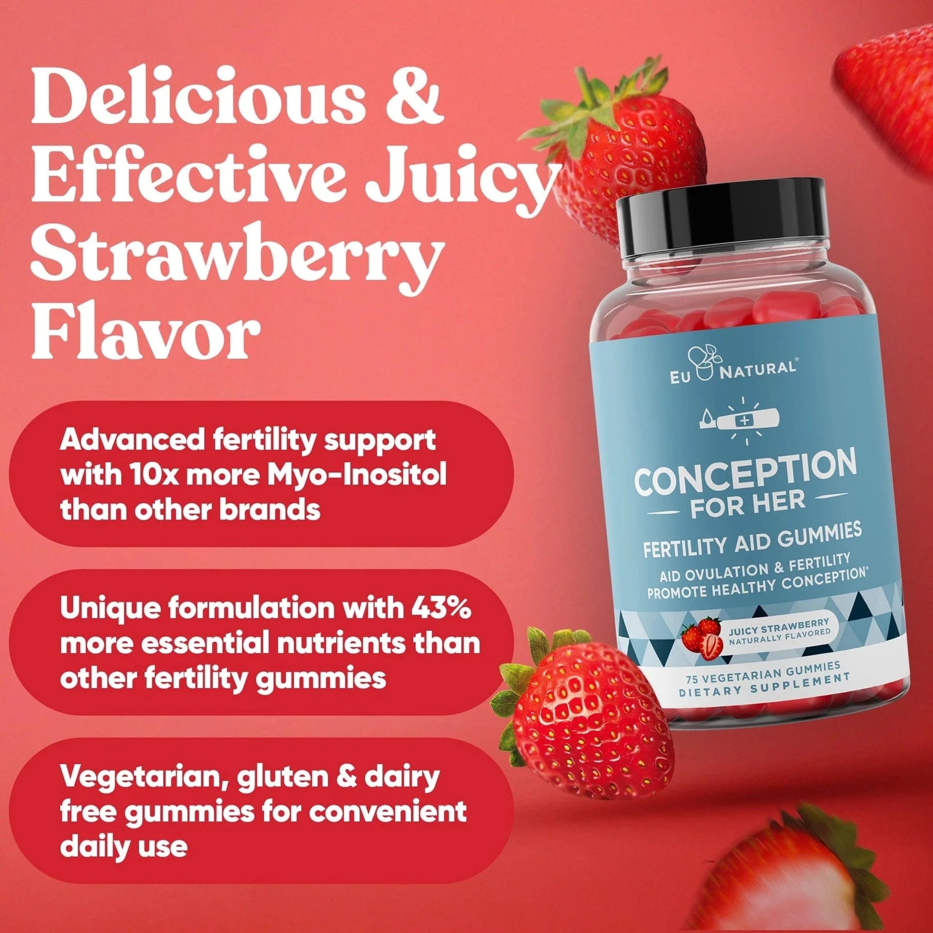 Strawberry-flavored fertility gummies promoting advanced ovulation support, gluten-free and vegetarian.