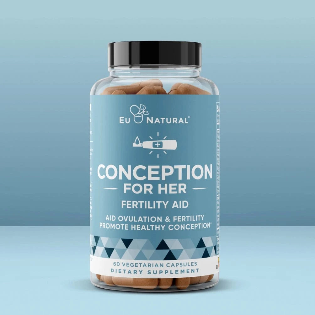 A bottle of Eu Natural Conception For Her fertility aid vegetarian capsules.