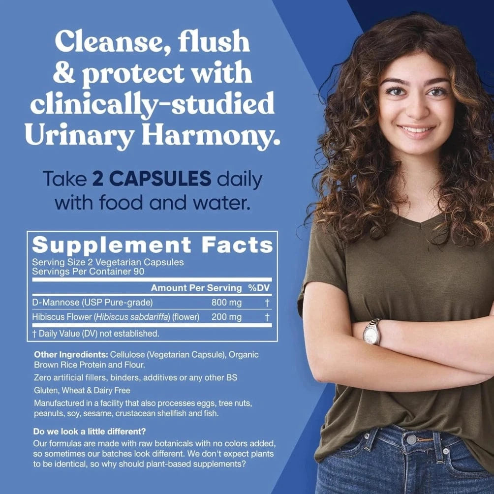 Supplement advertisement for urinary health capsules featuring a smiling woman.