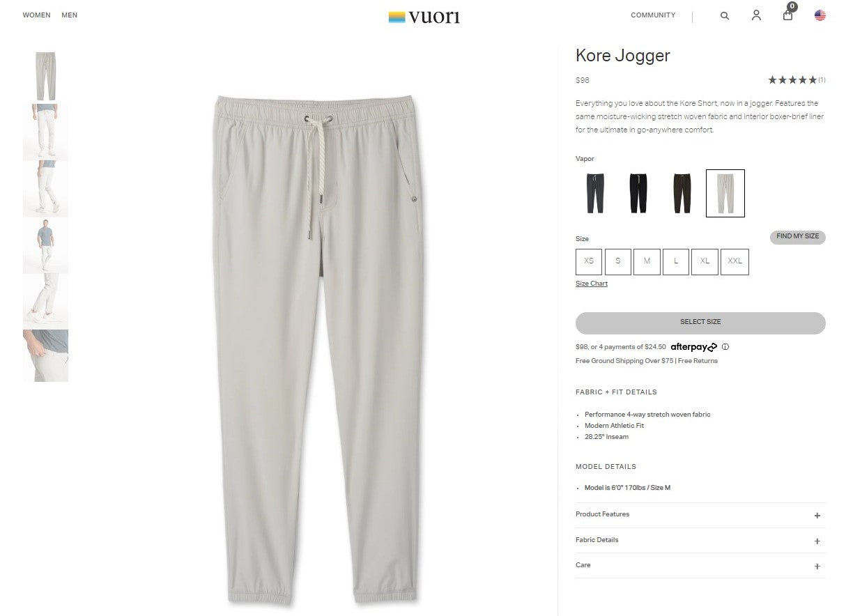 Vuori Kore Joggers Product Page