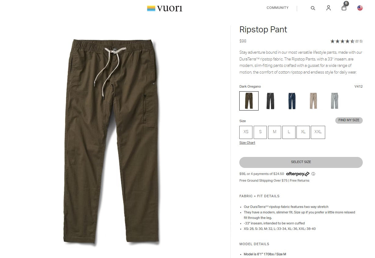 Vuori Ripstop Pants Product Page