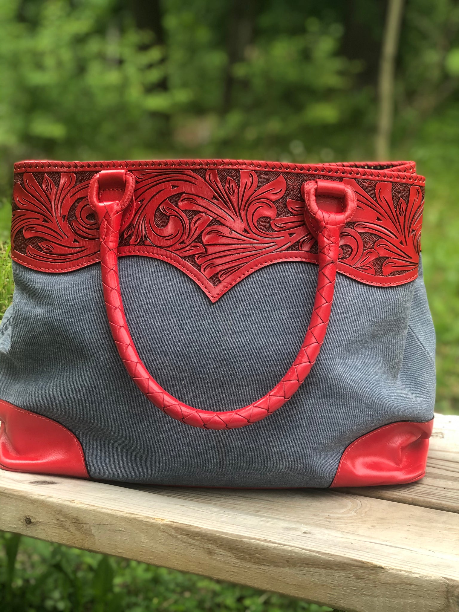 Hand-Tooled Leather & Denim Tote 