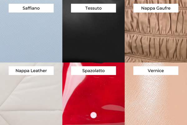 Different Prada leathers and materials, including Tessuto, Saffiano, Nappa, and Vernice