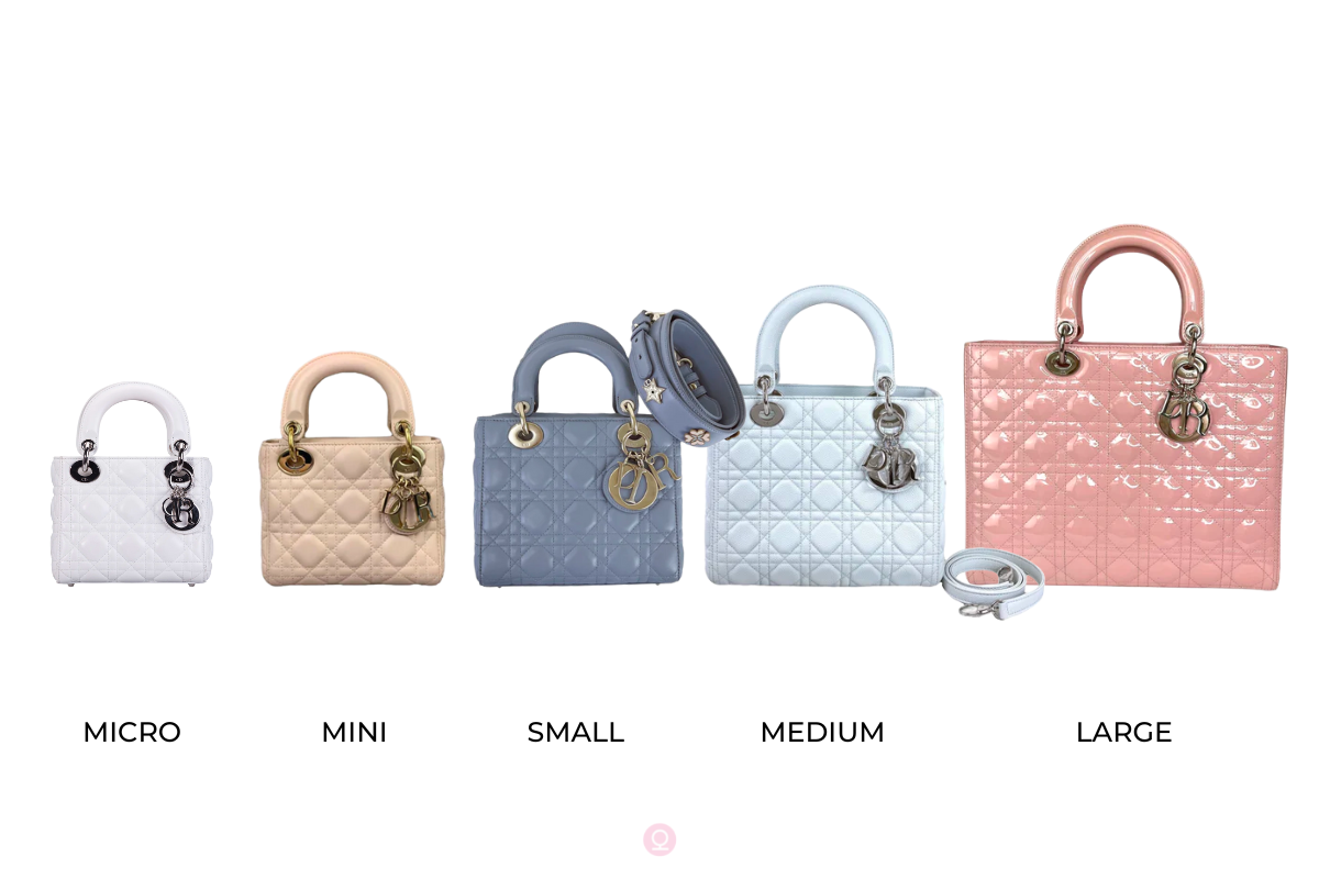 Lady Dior arranged in sizes, from smallest (Micro) on the left, to Mini, Small,  Medium, and finally Large on the right.