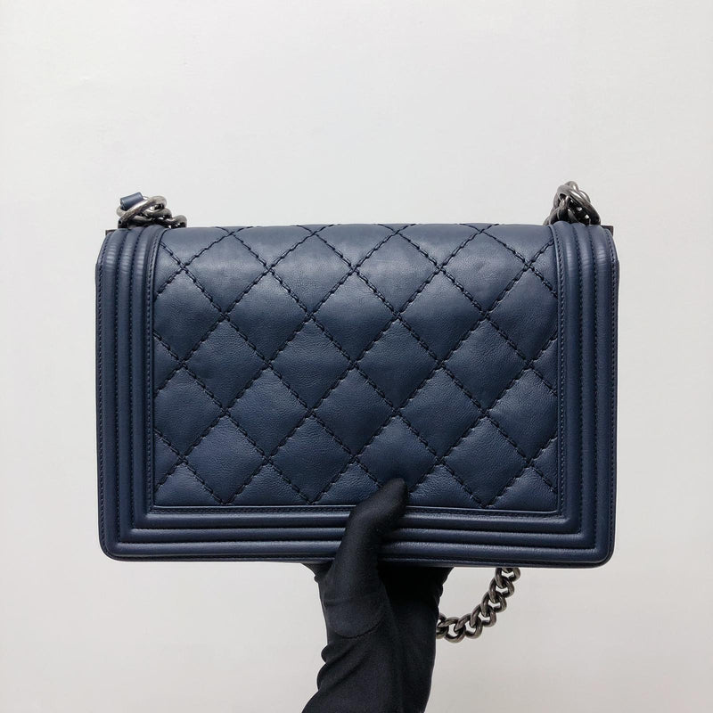 New Medium Blue Le Stitch Boy Quilted Calfskin Leather with RHW | Bag ...