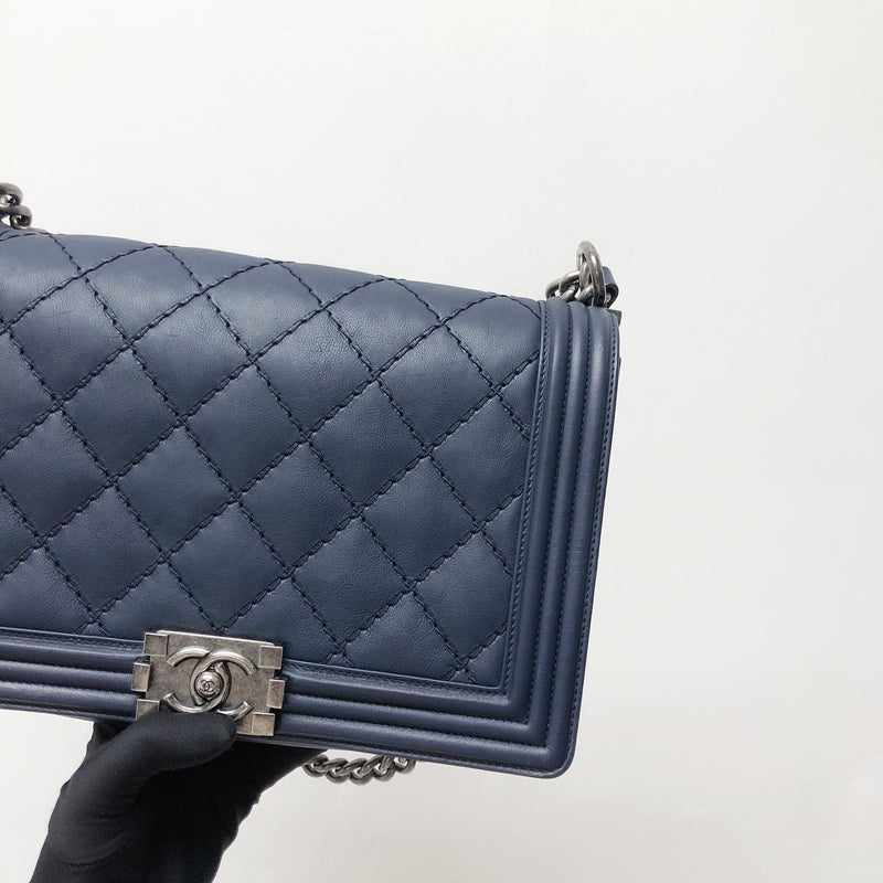 New Medium Blue Le Stitch Boy Quilted Calfskin Leather with RHW | Bag ...