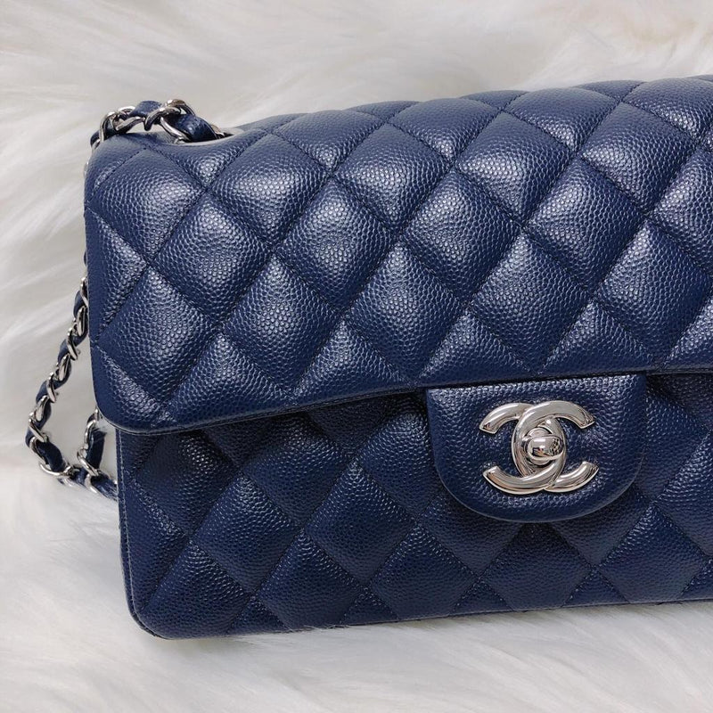 Chanel Classic Double Flap Quilted Caviar Silvertone Medium Navy Blue  US