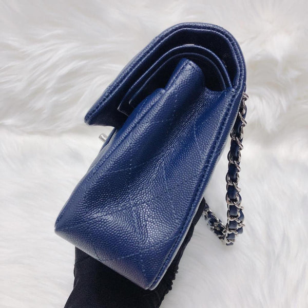 Small Double Flap Bag in Navy Blue Caviar with SHW | Bag Religion