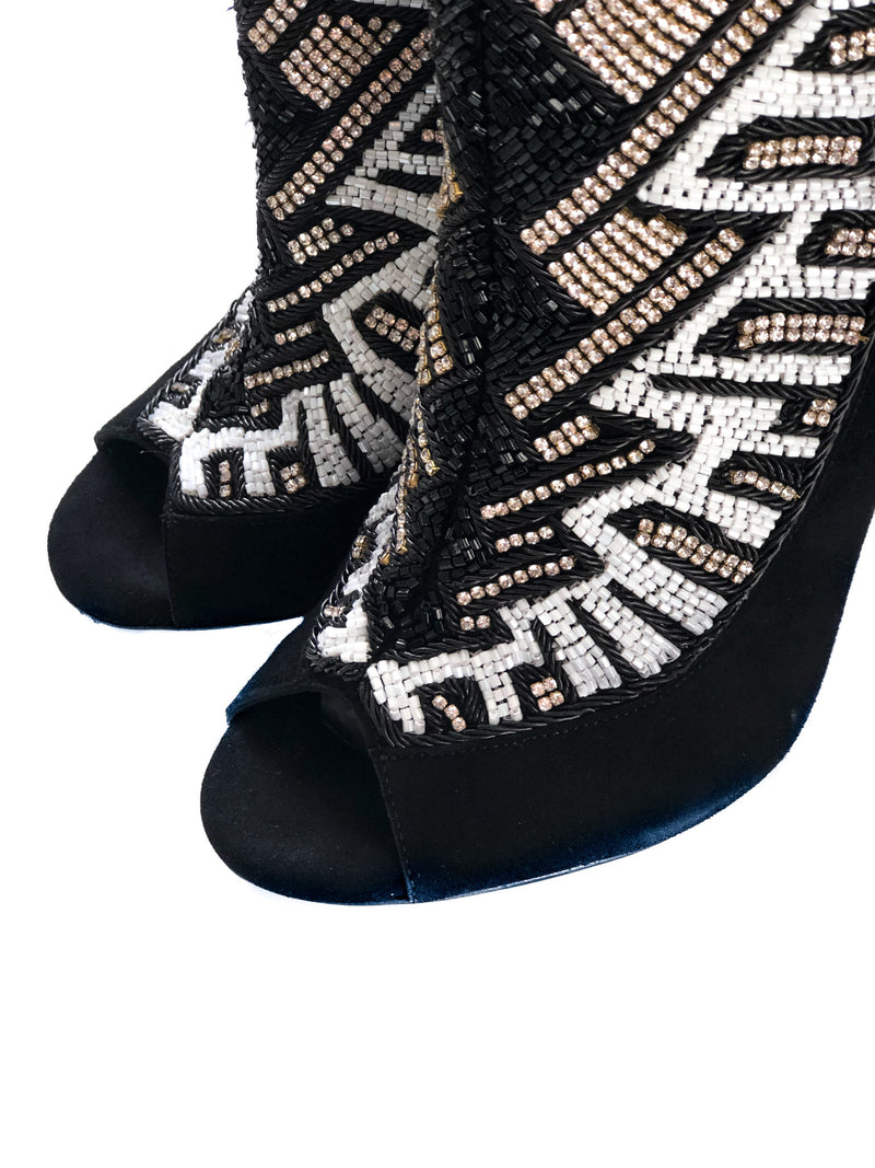Peep-Toe Crystal Beaded Heel Boots | Bag Religion