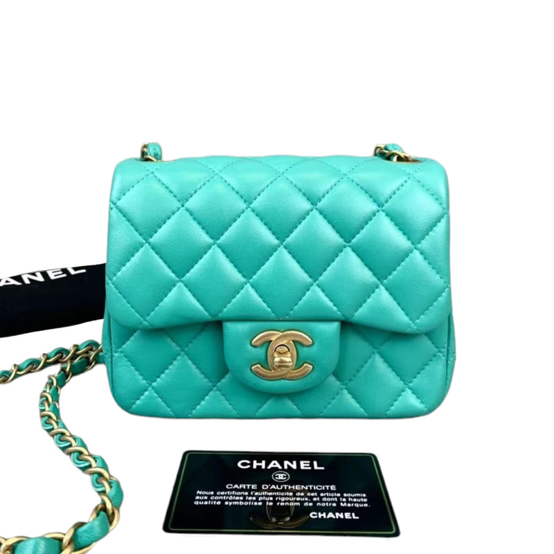 Mini Square Flap Quilted Lambskin Aqua Green GHW | Bag Religion