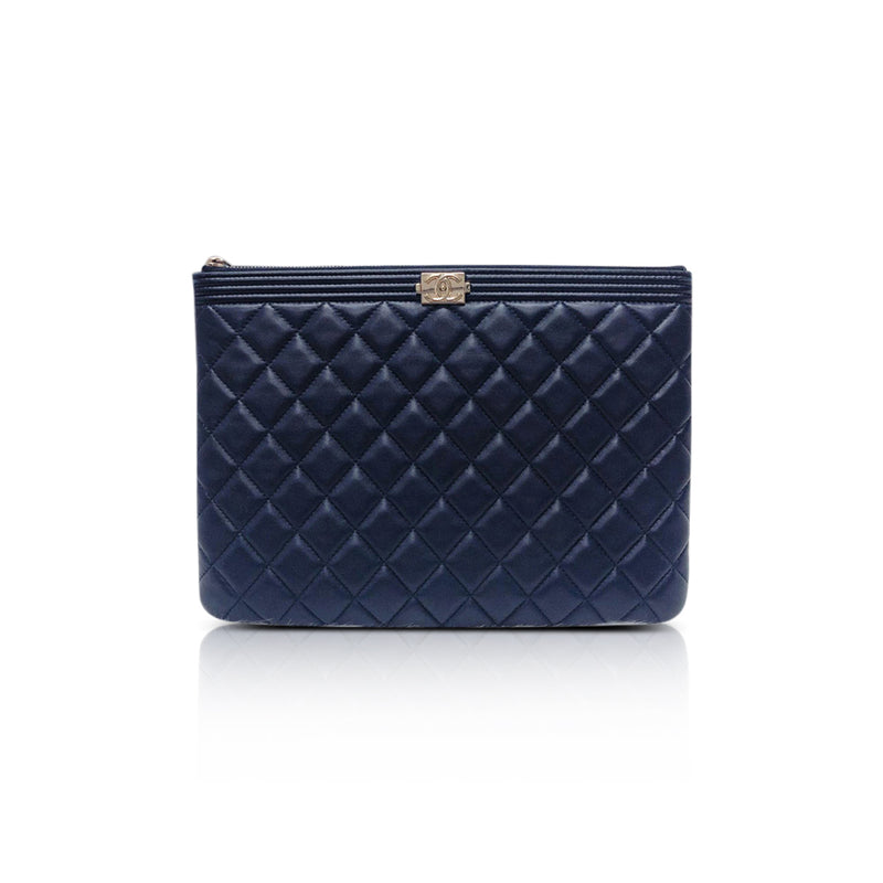 Lambskin O Case Quilted Navy Blue Large Boy Zip Pouch | Bag Religion