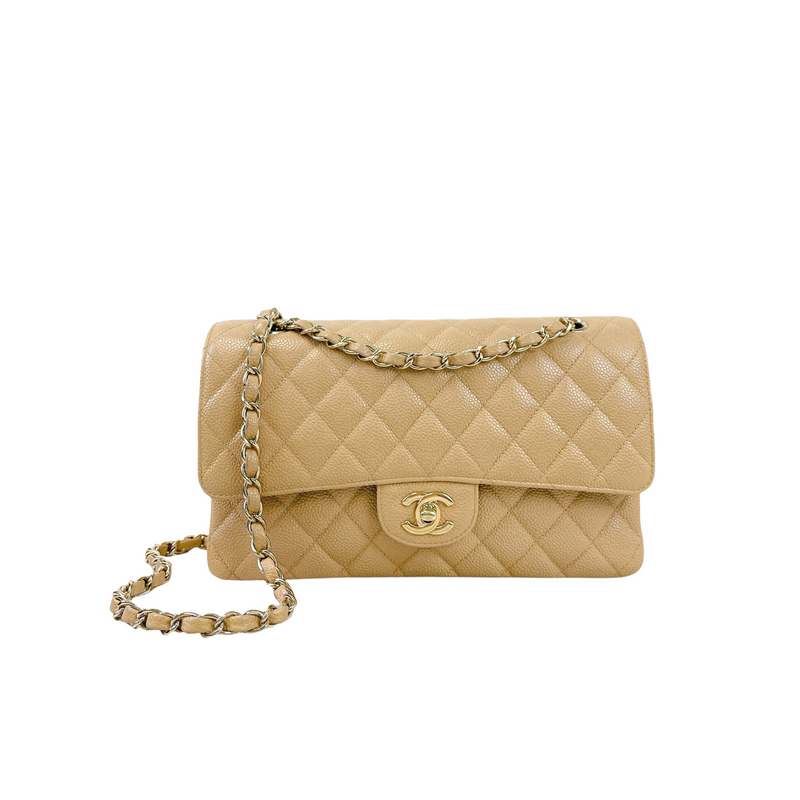 Chanel Classic Medium Double Flap 21S Iridescent Dark Beige Quilted Caviar  with light gold hardware