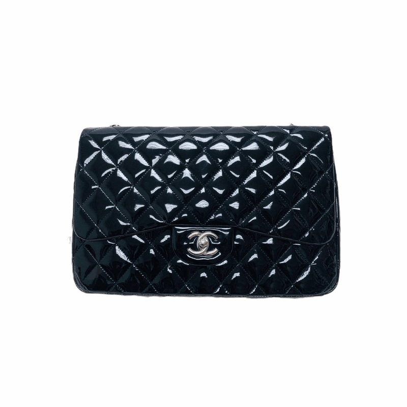 Single Flap Jumbo Quilted Patent Bag in Black with SHW | Bag Religion