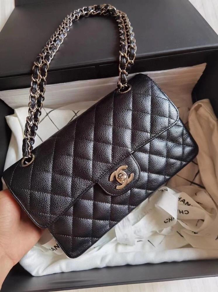 Chanel Classic Double Flap Quilted Caviar Silvertone Small Black  US