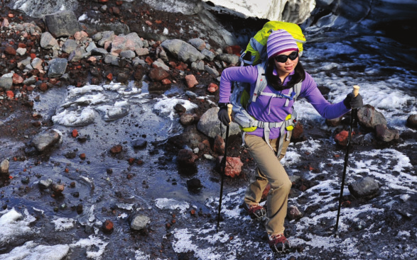 Plant pole tips  at a 90-degree angle to reduce slipping on slick surfaces, like this icy terrain in Wrangell-St. Elias National Park.