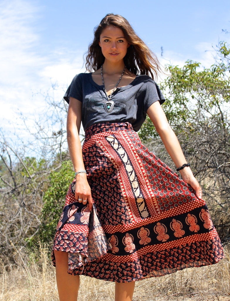 1970s Indian Block Print Wrap Maxi Skirt Honeywood 1037