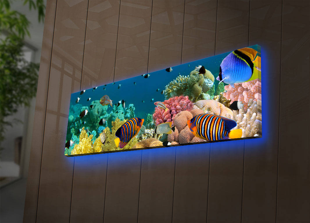 Tablou Canvas cu Led Aquarium fara priza, Multicolor, 90x30 cm