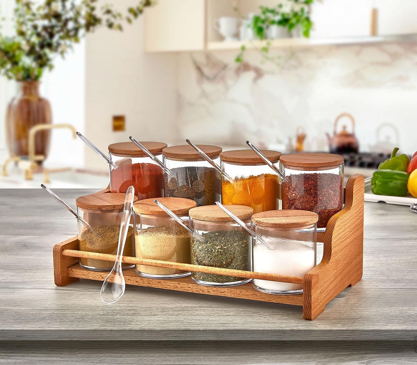 Set borcan de condimente și rafturi de bucătărie Spice Jar & Kitchen Shelf Set 652, De lemn, 33.3x16.3x17.5 cm