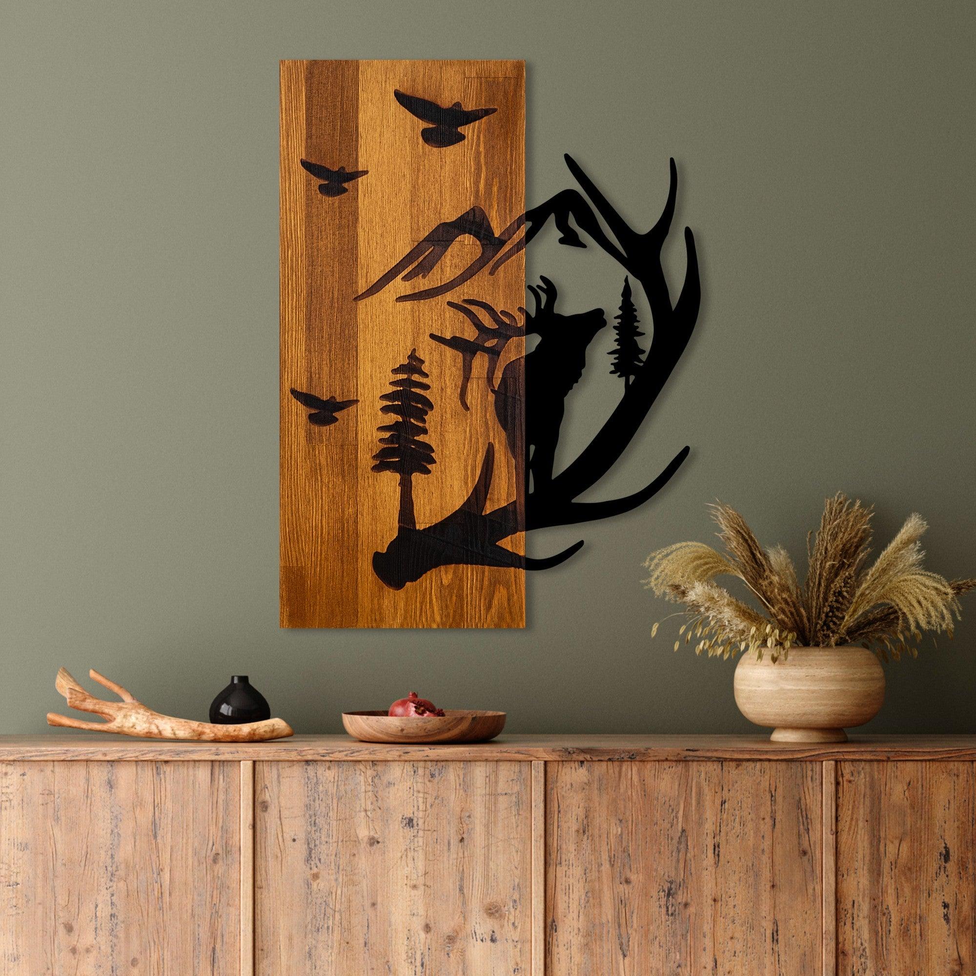 Decoratiune de perete lemn Deer and Mountain, Nuc, 43x58x3 cm