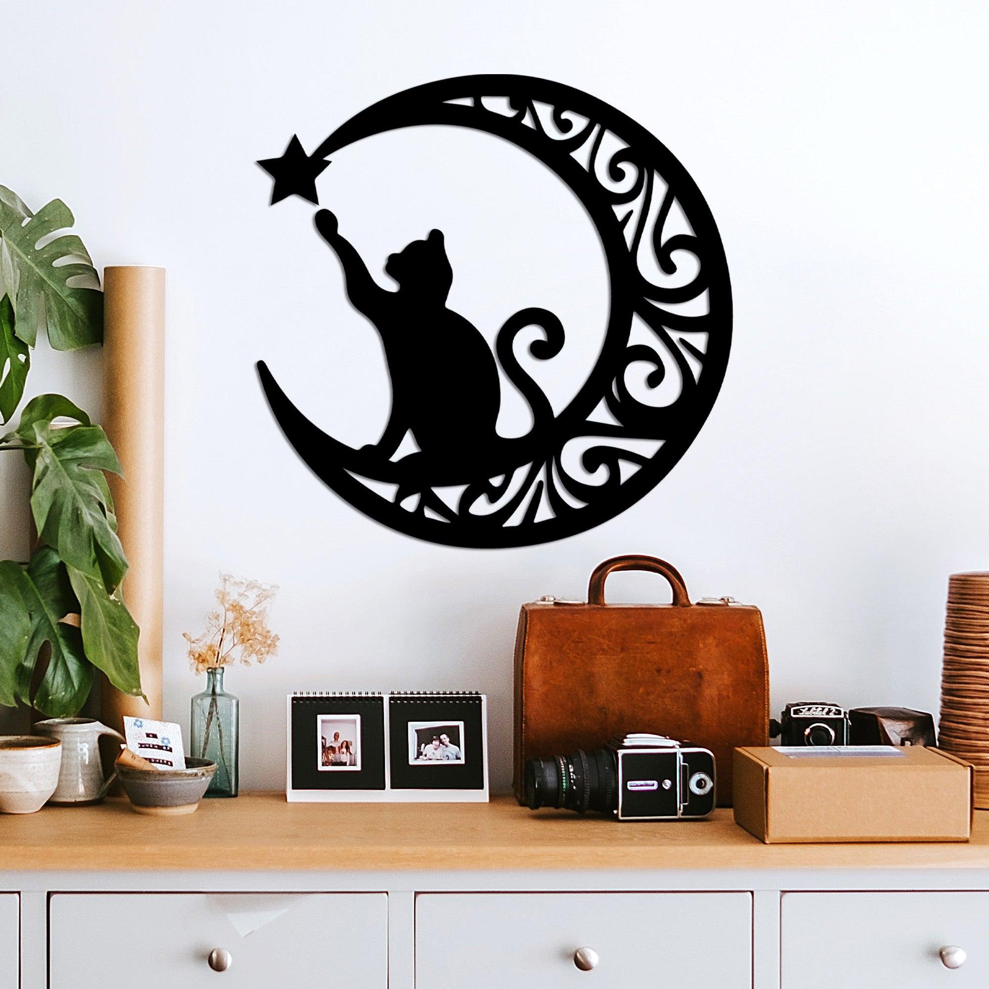 Decoratiune de perete Metal Cat 3, Negru, 55x55 cm