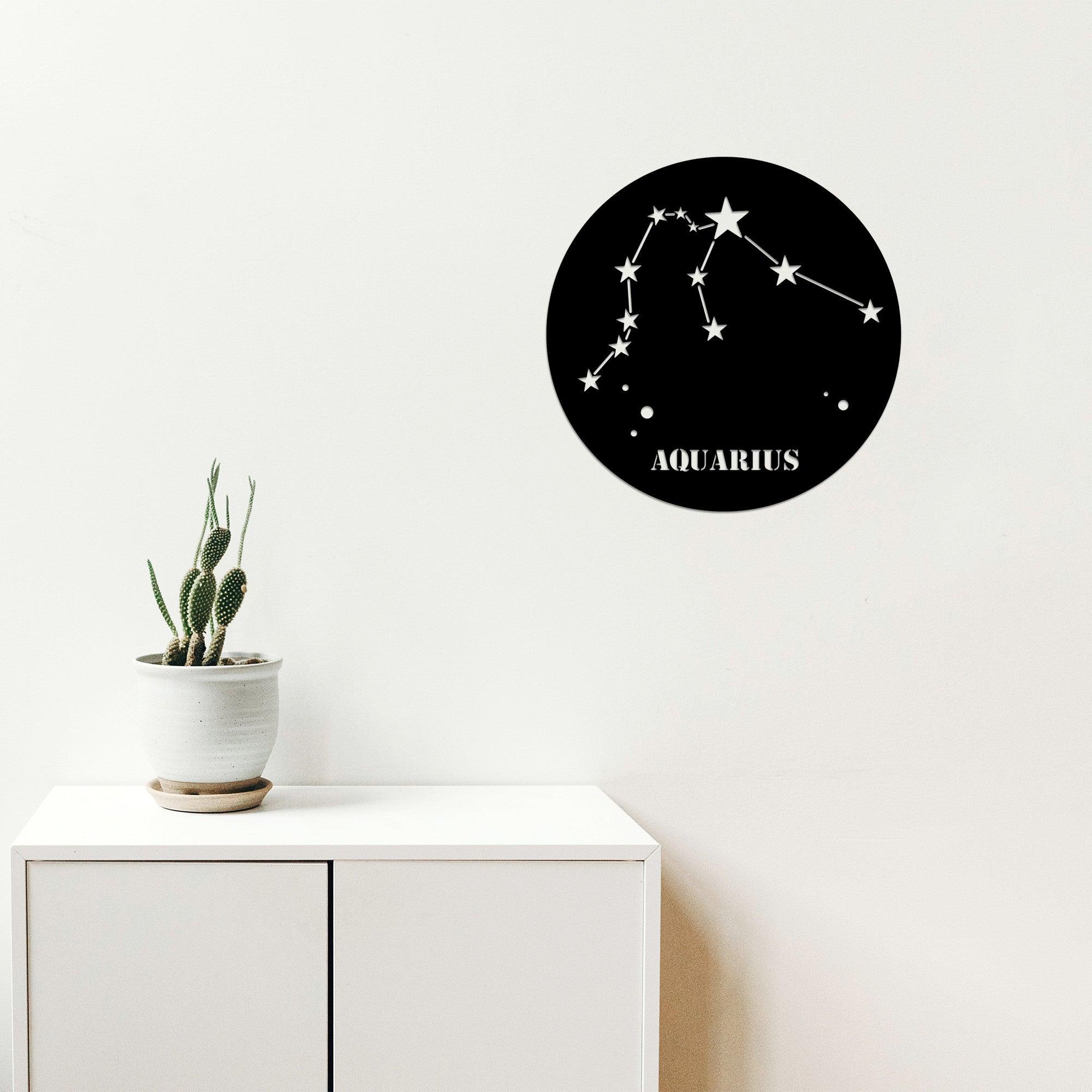 Decoratiune de perete Metal Aquarıus Horoscope - Black, Negru, 48x1x48 cm