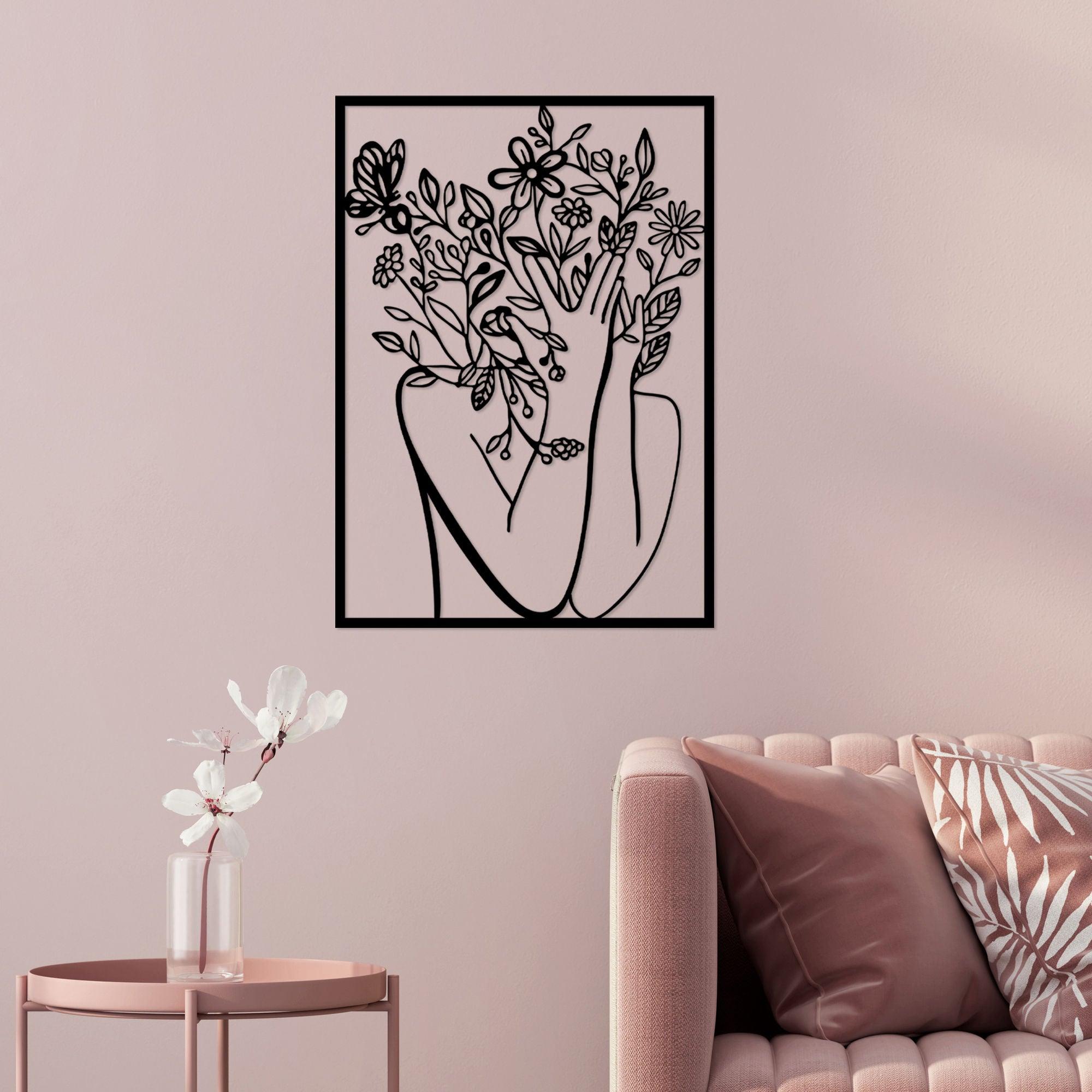 Decoratiune de perete Metal Flower Women, Negru, 55x1x39 cm
