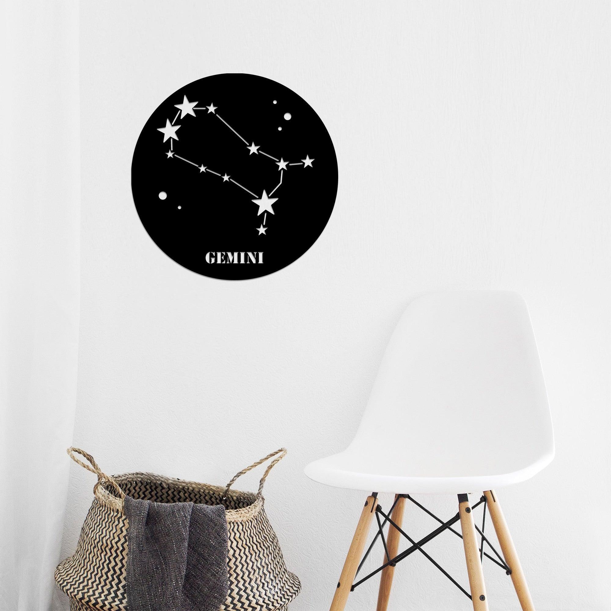 Decoratiune de perete Metal Gemini Horoscope - Black, Negru, 48x1x48 cm