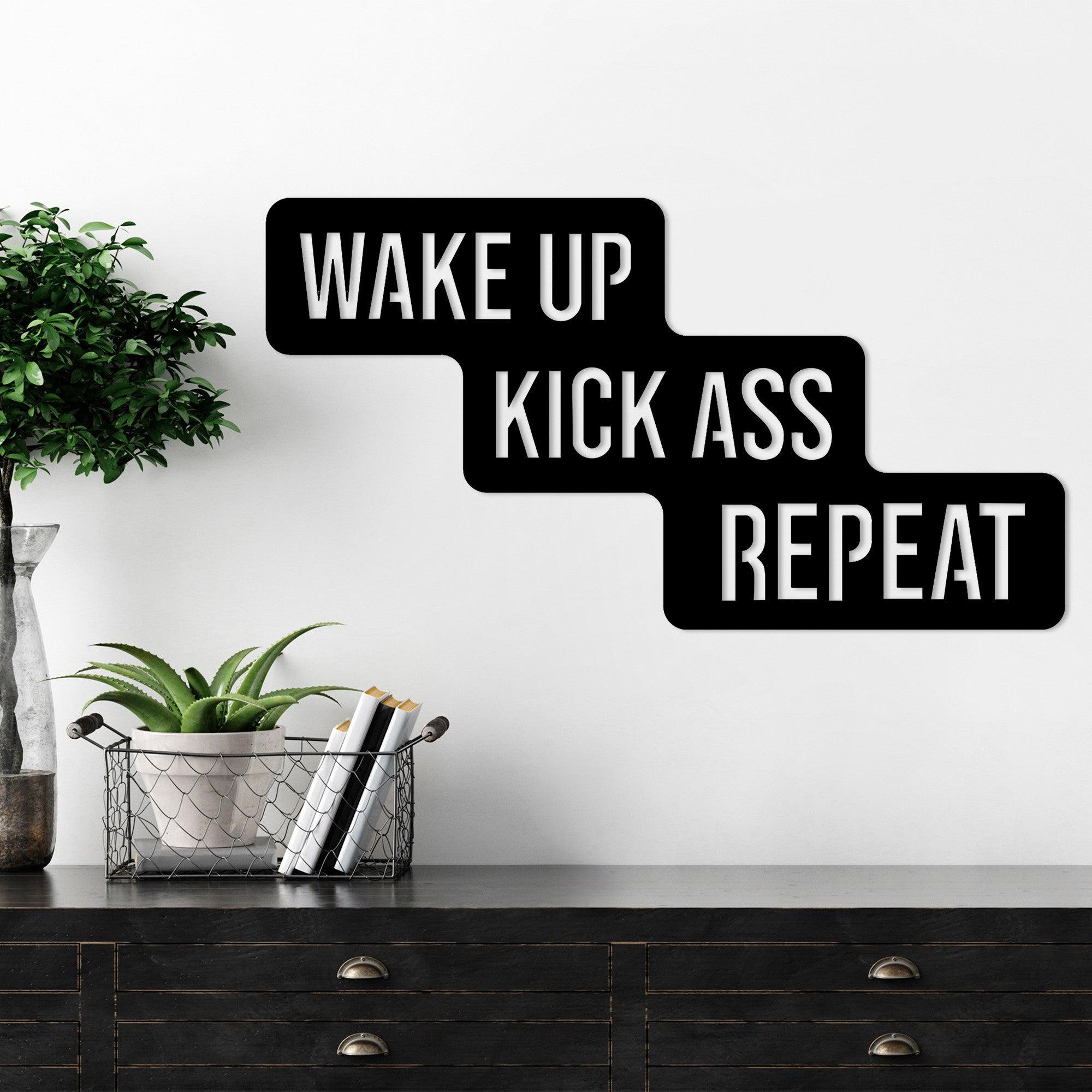 Decoratiune de perete Metal Wake Up Kick Ass Repeat, Negru, 1.5x37x69 cm