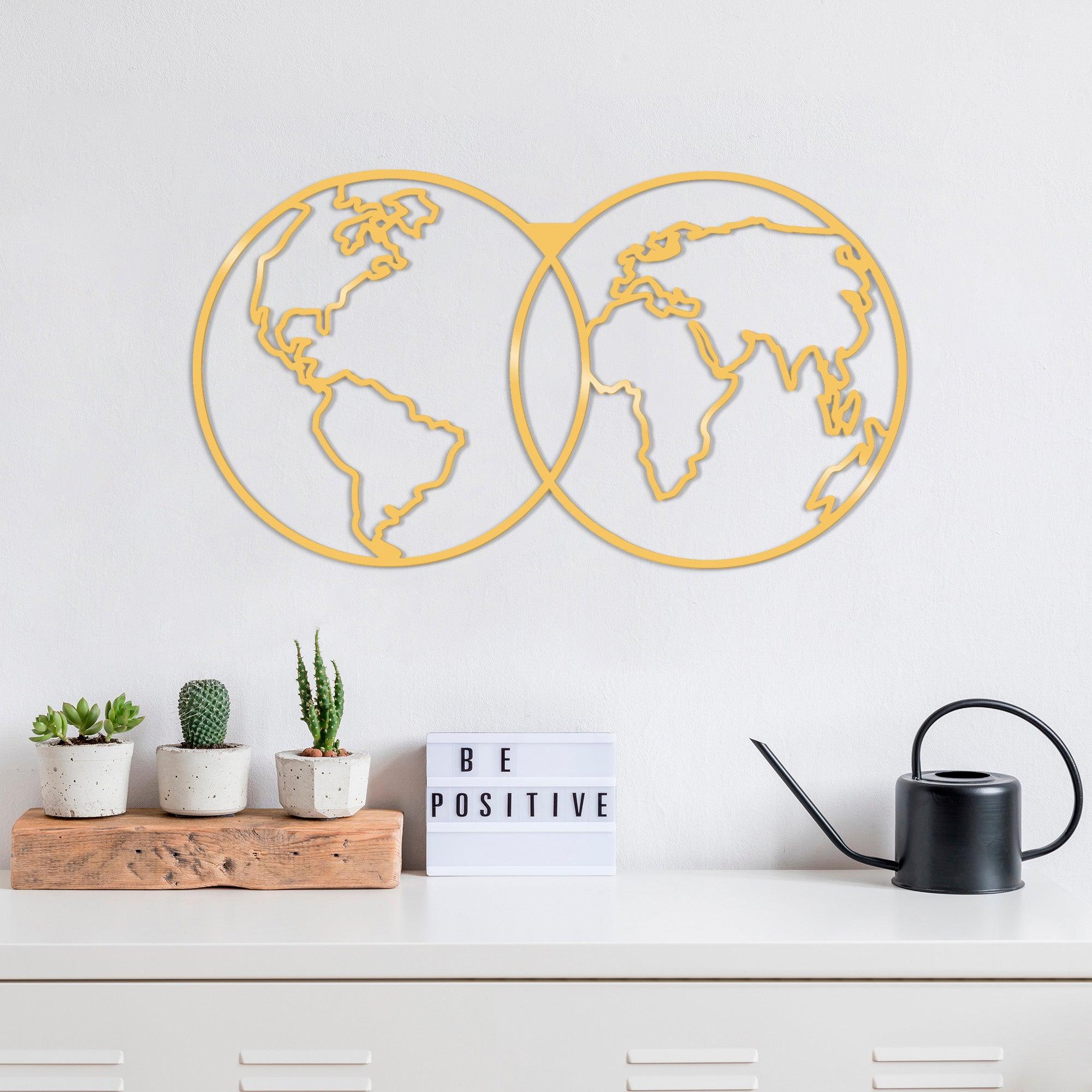 Decoratiune de perete Metal World Map Metal Decor - Gold, Aur, 34x1x60 cm