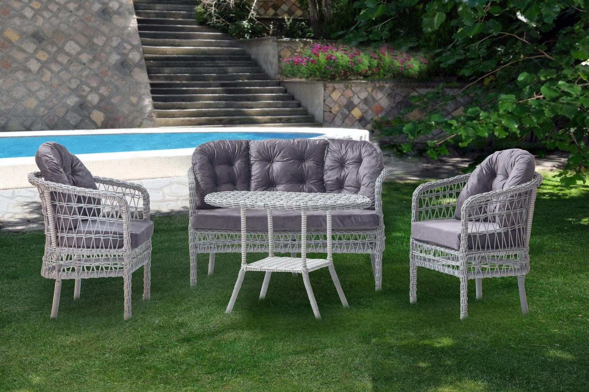 Set De Lounge De Grădină Rattan (1+1+2), Alb, 4 piese