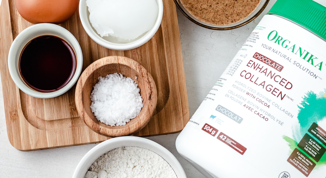 Ingredients on a counter to make Fudgy Collagen Brownies with Organika's Chocolate Enhanced Collagen