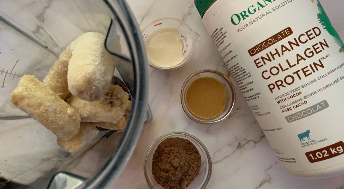 Organika's Chocolate Collagen Nice Cream being made in a glass bowl